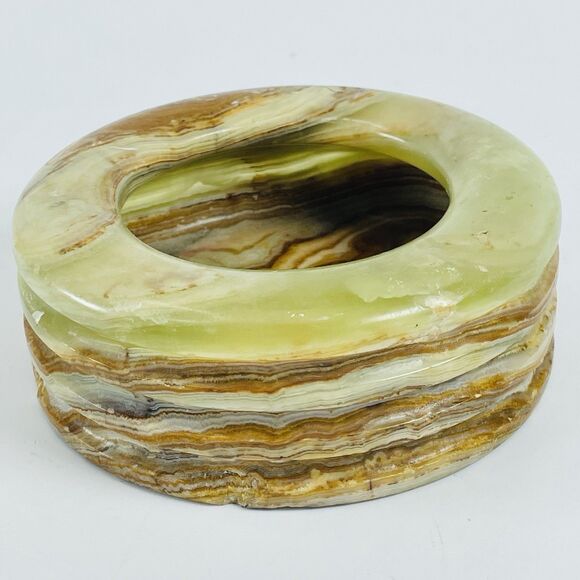 Stone Marble Onyx Green Brown Ashtray Trinket Dish Retro Heavy Vintage MCM 4in - Picture 1 of 12
